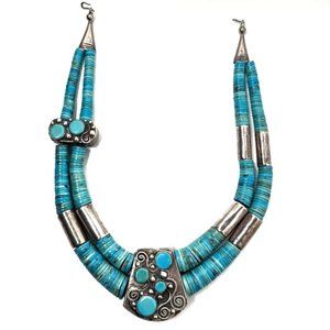 **SOLD**. Navajo Sterling Silver Turquoise Heishi Disc Reversible Choker Neckl…